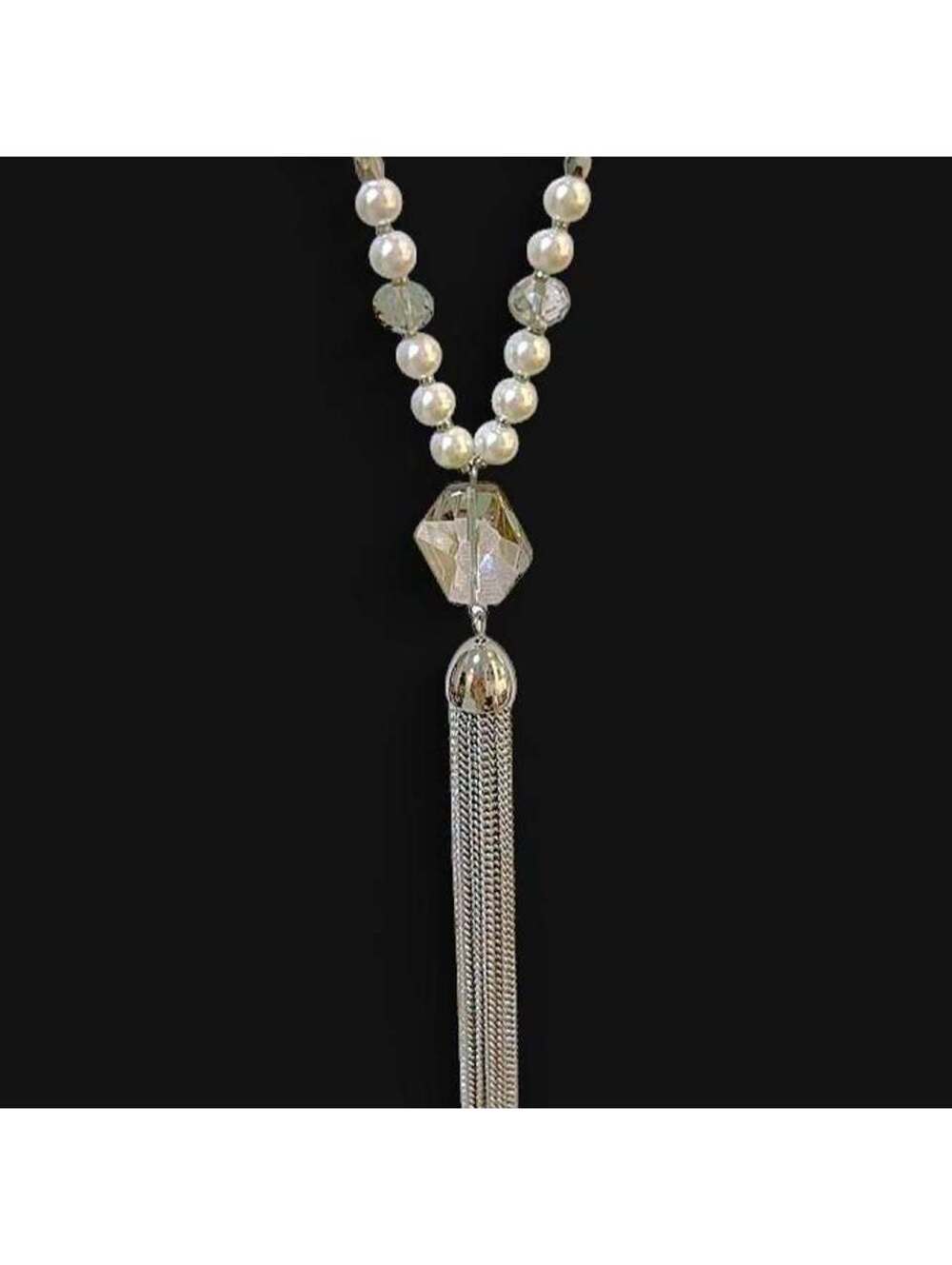 Long Faux Pearl and Crystal Tassel Necklace